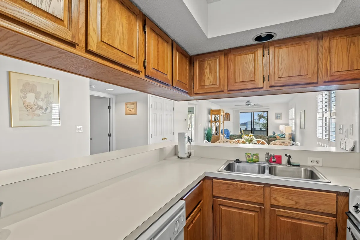 A view from the kitchen sink, looking out past wooden cabinets and a spacious countertop into the adjacent living area. The open layout fosters easy interaction between the kitchen and communal spaces, embodying the concept of connected, communal living.